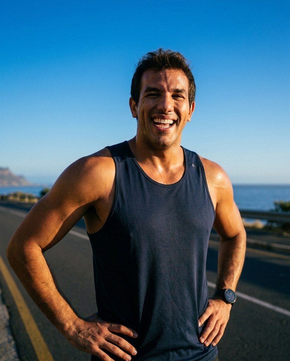Thiago depois de uma corrida numa estrada litorânea