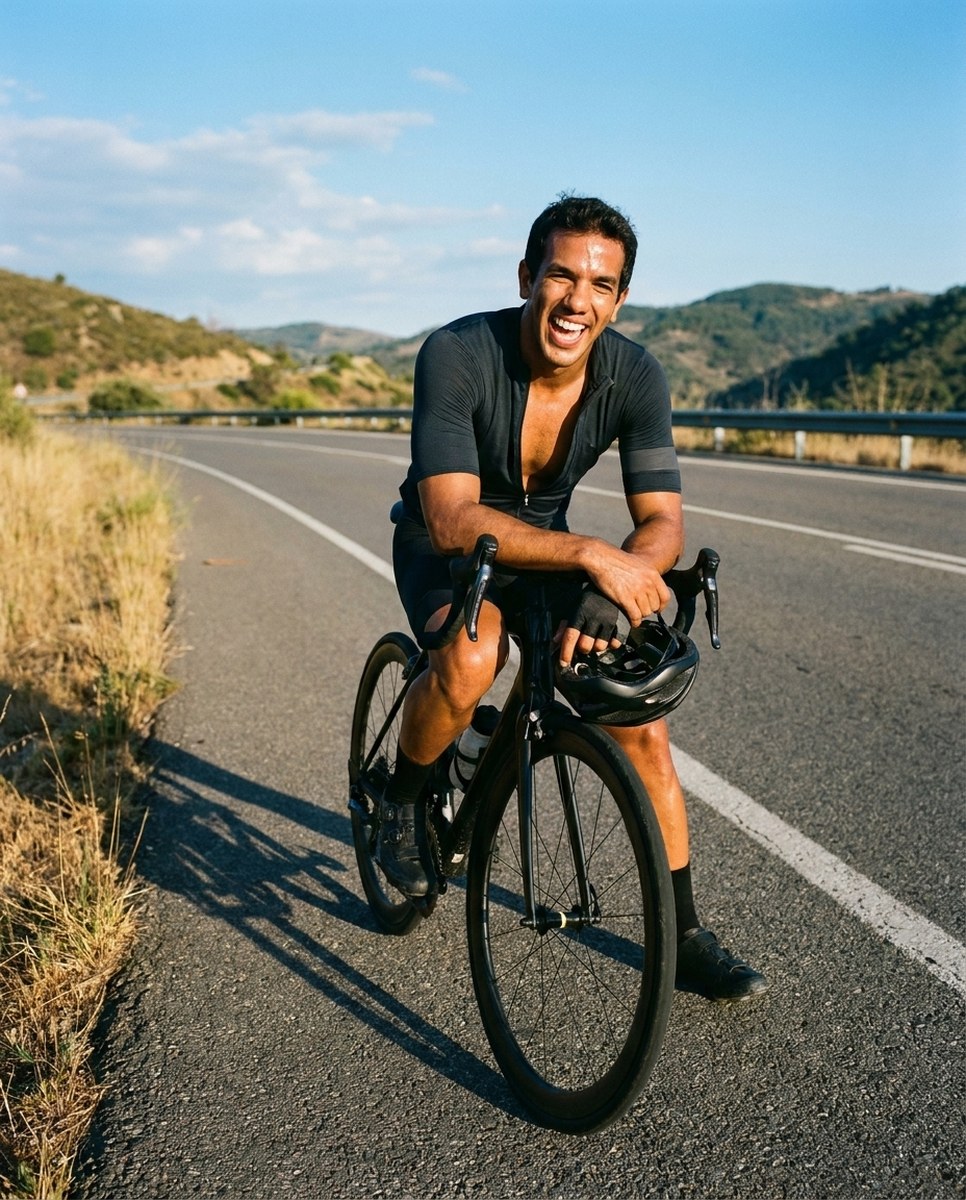 Thiago parado com a bicicleta numa estrada