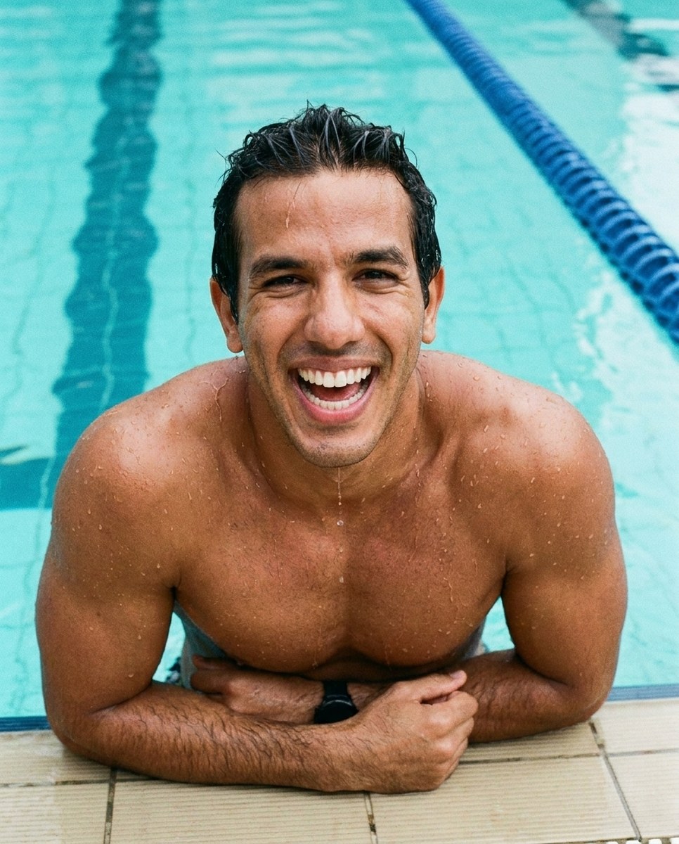 Thiago na borda da piscina depois de nadar