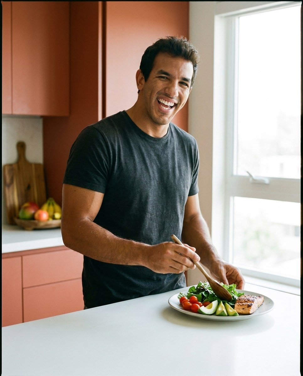 Thiago montando um prato de comida de verdade na cozinha